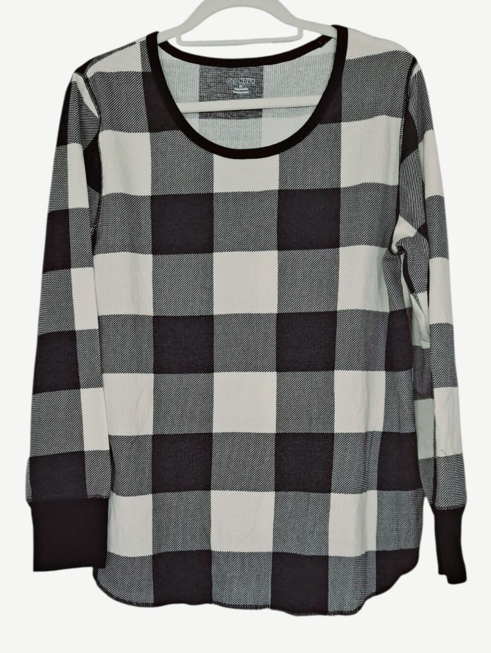 Old Navy Women's Thermal Knit Waffle Knit Black White Plaid Long Sleeve Top XL